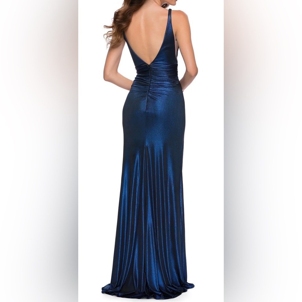 Metallic Navy Ruched Side-Slit Evening Dress - Picture 2 of 5